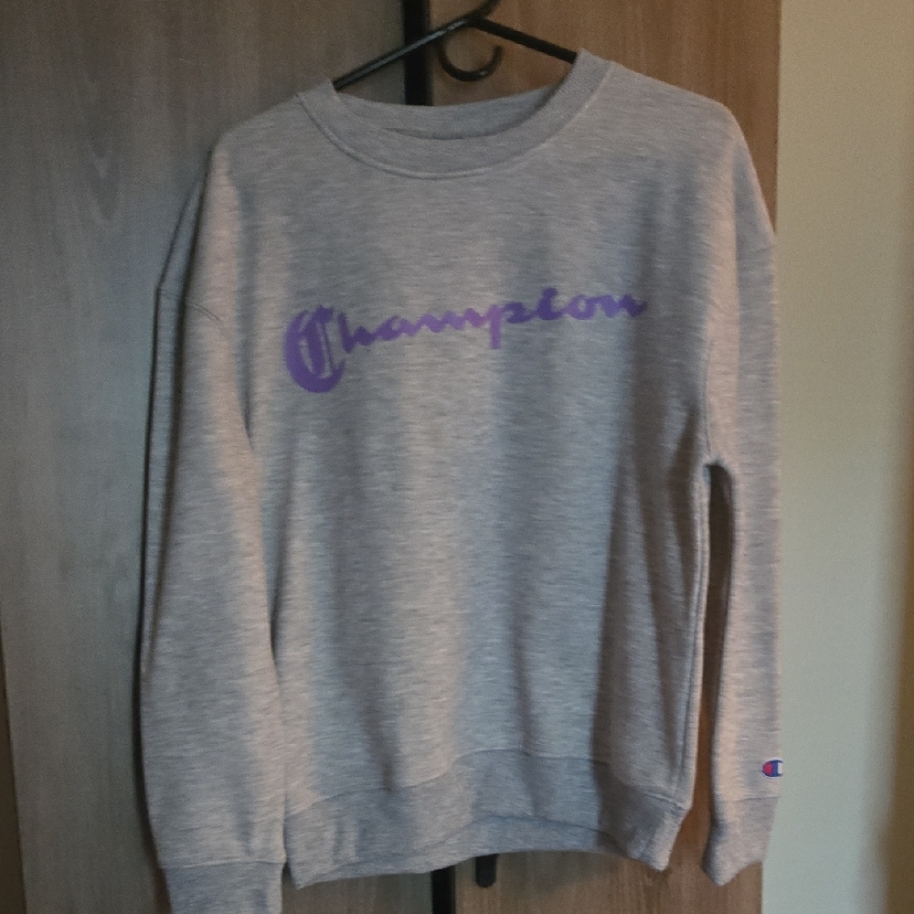 Champion Crewneck Sweater - Light Gray With Purple Champion Logo Size Large